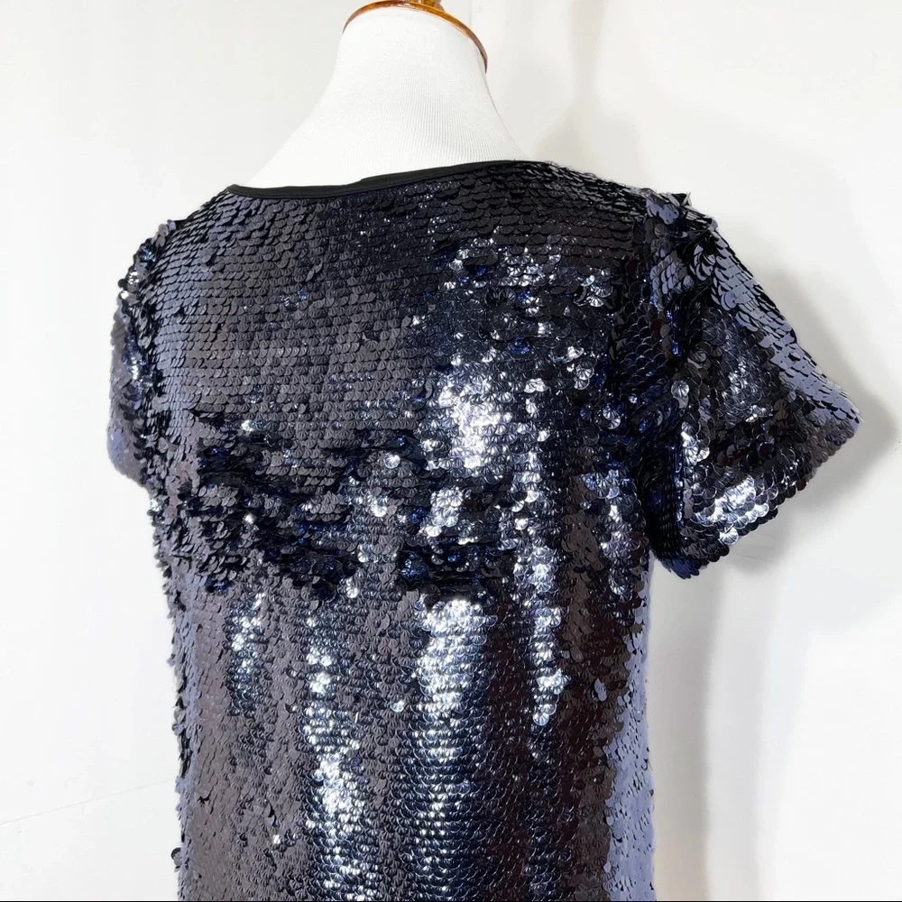 SOLD-Anthropologie Blue Jewel Tone Sequin Short Sleeve Blouse Tee - Picture 6 of 11